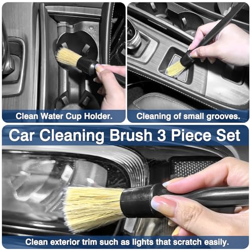 Car Detailing Brushes (3-Pack) – Premium Soft Boar’s Hair Bristles for Interior & Exterior Cleaning – Leather Seats, Air Vents, Wheels, Paint – Auto Detailing Starter Kit
