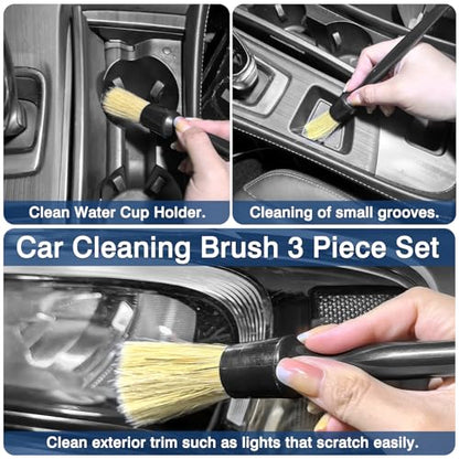 Car Detailing Brushes (3-Pack) – Premium Soft Boar’s Hair Bristles for Interior & Exterior Cleaning – Leather Seats, Air Vents, Wheels, Paint – Auto Detailing Starter Kit