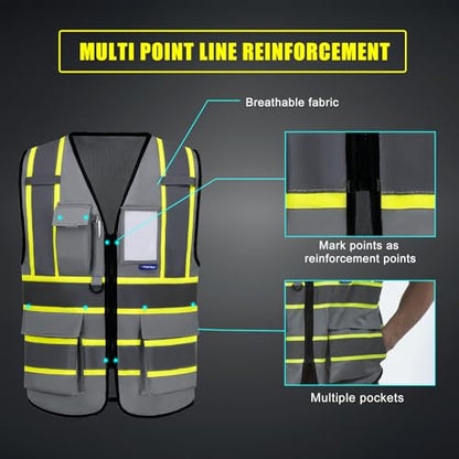 AYKRM Security Vest for Men Women 7 Pockets High Visibility Reflective Safety Vest Front Zipper Meets ANSI/ISEA - color: Grey-manage, size: Small