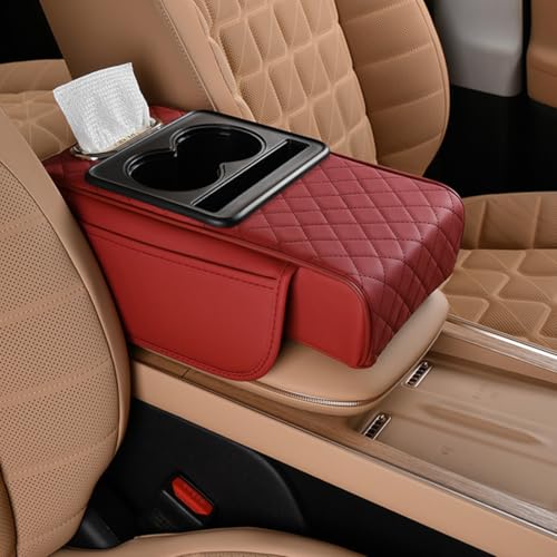 Car Armrest Cushion,5-in-1 Center Console Cover with 2 Storage Bags Cup Holder, Tissue Box Slot, Phone Slot for Sedans, Car Accessories Interior Organizers (Claret) - color: Claret