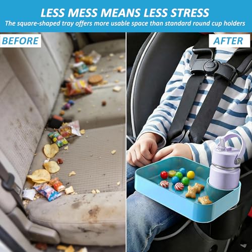 Car Seat Snack Tray for Toddlers, Reduces Mess Square Travel Tray Cup Holder Snack Tray, Durable Car Food Tray for Kids, Universal Fit Kids Travel Road Trip Essentials (Sky Blue) - color: Sky Blue