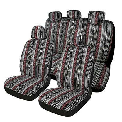 Baja Saddle Blanket Car Seat Covers 9PCS Full Set, Breathable and Washable Striped Woven Automotive Vehicle Seat Cover, Universal Boho Seat Cover for Sedan, SUV, Truck, Airbag Compatible - color: Red and White, size: Full Set