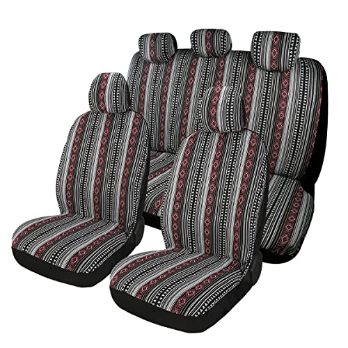 Baja Saddle Blanket Car Seat Covers 9PCS Full Set, Breathable and Washable Striped Woven Automotive Vehicle Seat Cover, Universal Boho Seat Cover for Sedan, SUV, Truck, Airbag Compatible - color: Red and White, size: Full Set