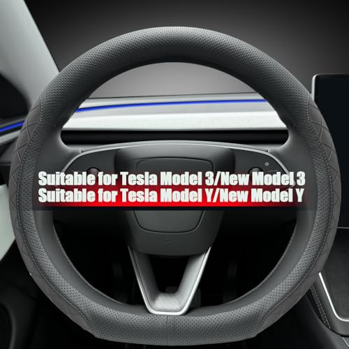 LKWLIKEI Leather Steering Wheel Cover. Elegant Diamond Checkered Design, Non-Slip and Breathable, for Tesla Model 3/Y Steering Wheel Protector,Black - color: Black