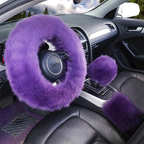Yontree Fashion Fluffy Steering Wheel Covers for Women/Girls/Ladies Australia Pure Wool 15 Inch1 Set 3 Pcs (Purple) - color: Purple, size: Long Wool