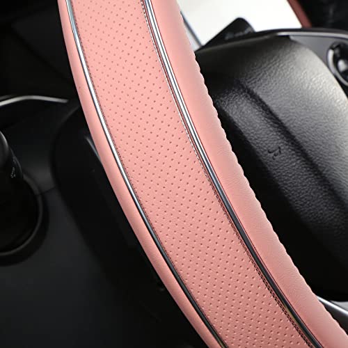 ALEMODR Pink Leather Steering Wheel Cover Fiber Strip Car Steering Wheel Cover Universal 15 inch for Women Girls - color: Pink