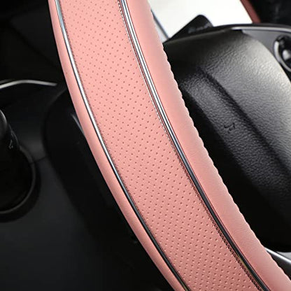 ALEMODR Pink Leather Steering Wheel Cover Fiber Strip Car Steering Wheel Cover Universal 15 inch for Women Girls - color: Pink