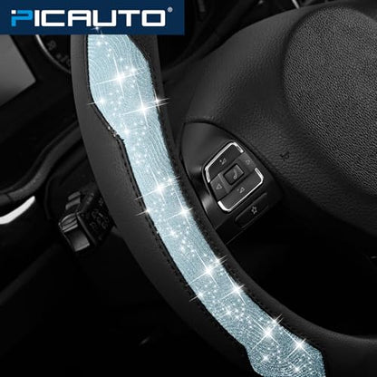 PIC AUTO Steering Wheel Cover, Light Blue Sparkly Crystal Bling Glitter with Leather, Universal Fit 14.5"-15.5" Steering Wheels for Girls & Women, Anti-Slip Wheels Cover for Cars, Trucks, Van, SUVs - color: Light Blue Glitter