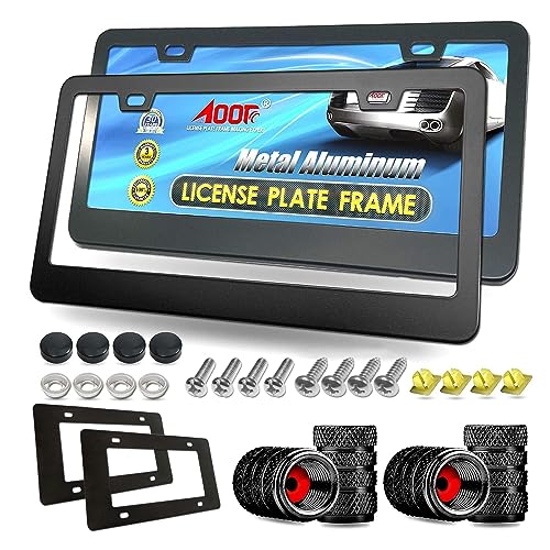 Aootf License Plate Frames- Matte Black Aluminum Car Tag Cover, 2 Pack Heavy Duty Front & Rear Holders for Women/Men, with Screws Bolts, Tire Valve Caps, Rattle Proof Pads, 2 Hole - color: 2 Hole Black Aluminum