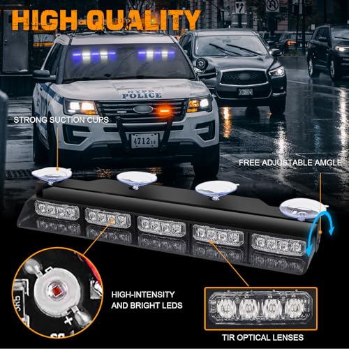 XRIDONSEN 2x 17 inch Blue White Emergency Dash Strobe Lights Bar 40 LED Interior Front/Rear Windshield Lights Safety Flashing Warning Hazard w/Suction Cups for Police Firefighter Vehicles Trucks Car - color: Blue/White
