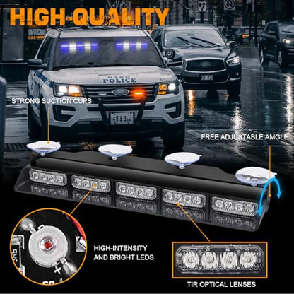 XRIDONSEN 2x 17 inch Blue White Emergency Dash Strobe Lights Bar 40 LED Interior Front/Rear Windshield Lights Safety Flashing Warning Hazard w/Suction Cups for Police Firefighter Vehicles Trucks Car - color: Blue/White