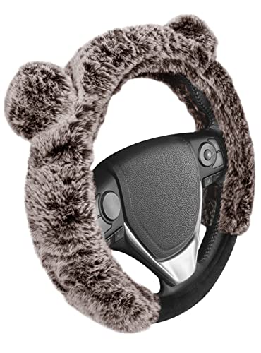 BDK Bear Fur Steering Wheel Cover, Plush Faux Fur Fuzzy Steering Cover for Car Truck Van SUV, Standard Size Fits Wheels 14.5-15 in Diameter, Brown with Ears - color: #13 Brown with Ears, size: Fits 14.5 - 15" Sw