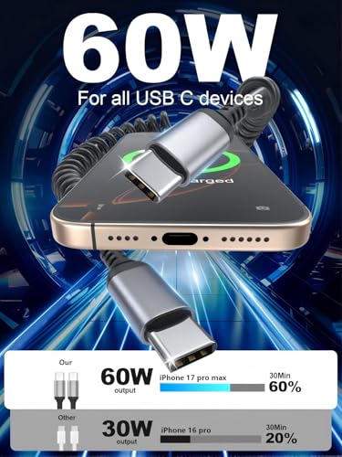 Coiled USB C to USB C Cable 3FT, 2 Pack Retractable USB C Cable for Car, Type C Fast Charging Cable Compatible with iPhone 17/16/15, Samsung Galaxy S25 S24 S23, Pixel 10 9 - style: USB-C