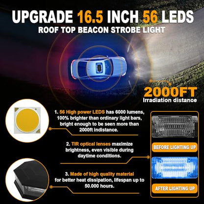 ASPL 16.5 Inch Roof Top Beacon Emergency Strobe Light with Controller 56 LED Magnetic Warning Caution lights bar Traffic Hazard Plow Light for Trucks Vehicles Construction Snowplow (Blue/White) - color: Blue/White