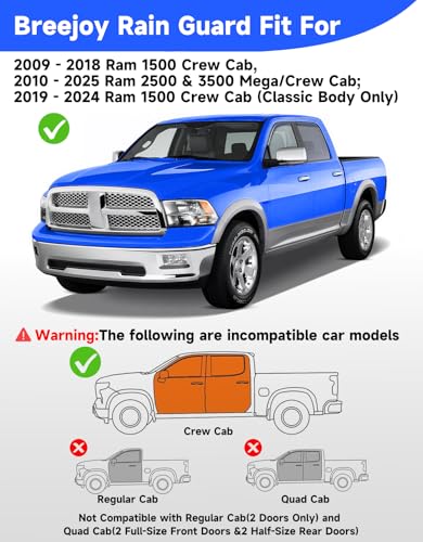 in-Channel Rain Guards Fit for 2009-2018 Dodge Ram 1500 / Ram 2500&3500 2010-2025 Crew Cab， Window Rain Guards Visors Vent Visors Window Deflector Vent Shades Car Accessories -4 pcs - size: For 2009-2018 Dodge RAM Crew Cab