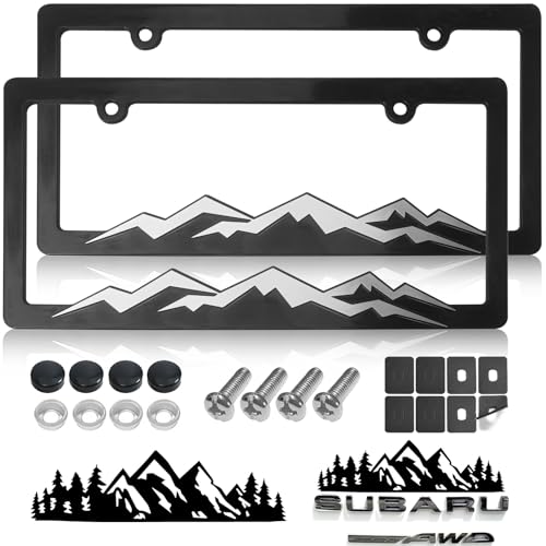 Mountain License Plate Frames - 2 Pack Plastic Car Tag Frame with 3D Mountain Design, Silver on Black, Included Mountain Vinyl Sticker, Screws & Caps - color: Silver