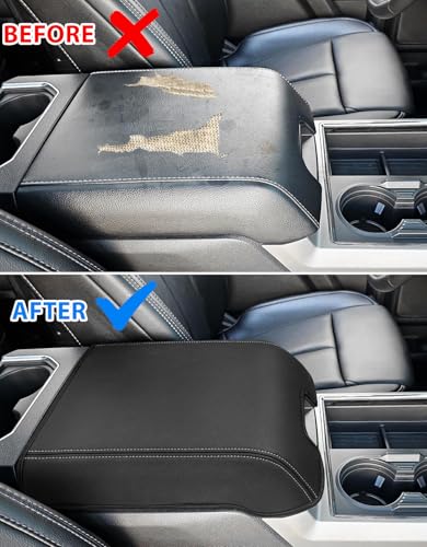 Center Console Cover for 2015-2020 F150 Accessories, F250 F350 F450 2017-2022, Expedition 2018-2024, PU Leather Middle Armrest Cusion Protector, Bucket Seat Only, Anti-Scratch, Black-Gray Stitch - size: Bucket Seat, 17-22 F250-F450, gray stitch
