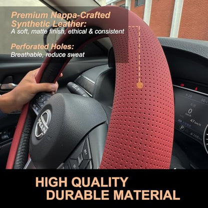 PINCTROT D Shaped Nappa Leather Steering Wheel Cover, Slim Fit No Bulk Design, One Piece Leather with Breathable Perforation, Fit Like Gloves, Flat Bottom 14.5-15 Inch(Nappa Rust Red) - color: 02.Rust Red, size: D Shaped/Flat Bottom[14 1/2''-15'']