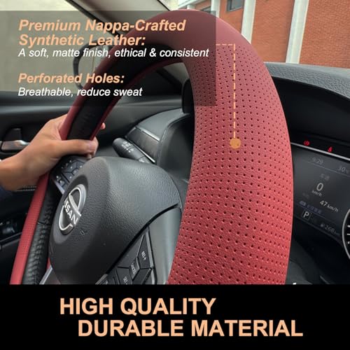 PINCTROT D Shaped Nappa Leather Steering Wheel Cover, Slim Fit No Bulk Design, One Piece Leather with Breathable Perforation, Fit Like Gloves, Flat Bottom 14.5-15 Inch(Nappa Rust Red) - color: 02.Rust Red, size: D Shaped/Flat Bottom[14 1/2''-15'']