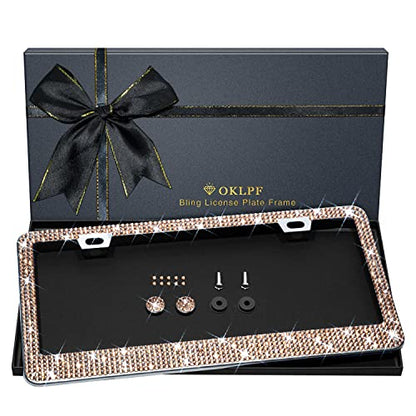Bling License Plate Frame for Women, 1PCS Sparkly License Plate Frames| Over 1200 pcs 14 Facets Bedazzled Clear Glass Diamond Rhinestone Crystals w/Free Glitter Diamond Box (Champagne) - color: Champagne
