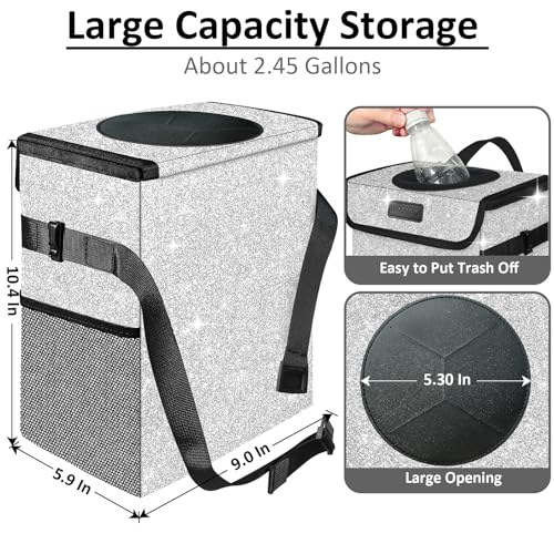 Cute Mini Car Trash Bag with Lid, Glitter Garbage Can Bin Hanging for Back/Front Seat/Console, Waterproof, Leakproof, 2.5 Gallon, Silver Bling Sparkly - color: Silver Bling Sparkly