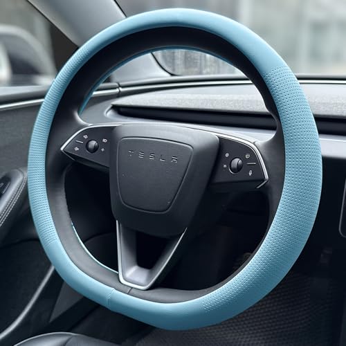 PINCTROT Nappa Leather Steering Wheel Cover for Tesla Model Y/3 Highland/Juniper, D Shaped 14 Inch Small Sized with Breathable Perforation, Fit Like Gloves, Flat Bottom 14 Inch(Nappa Aqua) - color: 10.Aqua, size: Small D Shaped/Flat Bottom[14''-14 1/4'']