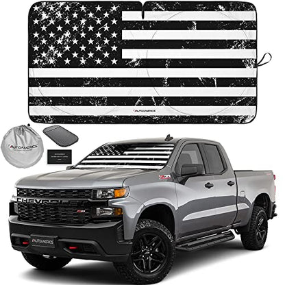 Autoamerics 1-Piece Windshield Sun Shade Grunge B&W American Flag USA Design - Foldable Car Front Window Sunshade for Most Sedans SUV Truck - Blocks Max UV Rays and Keeps Your Vehicle Cool - Large - color: USA GRUNGE B&W FLAG, size: LARGE = 64 x 33.5 inch