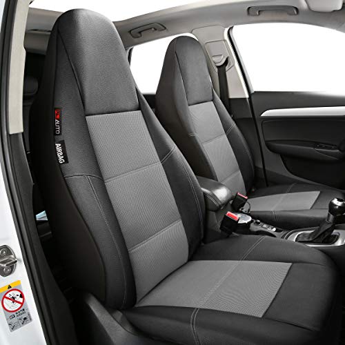 P&J AUTO Leather and Mesh High Back Car Seat Cover Front Pair Integrated Bucket Seat Airbag Compatible (Grey) - color: BK GY1