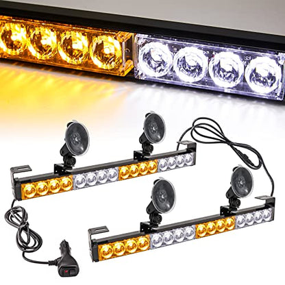 2×16.8 inch Emergency Strobe Light Bar Traffic Advisor Warning Hazard Windshield Safety Lights Bar 21 Flash Patterns with Cigar Lighter for Police Vehicles, Truck (Amber/White, 2 in 1) - color: Amber/White