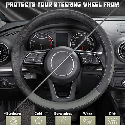 SEG Direct Car Steering Wheel Cover for Prius Civic Model 3 Model Y Camaro, Small Size 14-14.25 inch, Black and Gray Microfiber Leather - color: Black and Gray, size: Small size[14''-14 1/4'']
