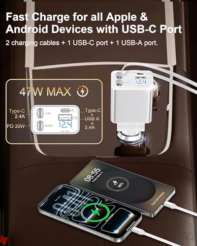 Retractable Car Phone Charger USB C, 4 in 1 Fast Car Charging Adapter with 2 Flexible USB C Cable for iPhone 17e 17 Samsung S26 Android, USBC Cigarette Lighter Gift for Men Android Auto Adapter - color: Reatractable Car Charger-White