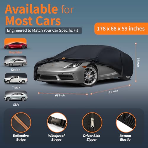 Waterproof Car Cover All-Weather, Heavy-Duty Outdoor Full Exterior Automobiles Snow Cover for Sedan/Coupe 166-178 inch with Sun Visor,Zippered & Storage Bag - Black - size: Fit Coupe Length 166-178 inch(3M-0)