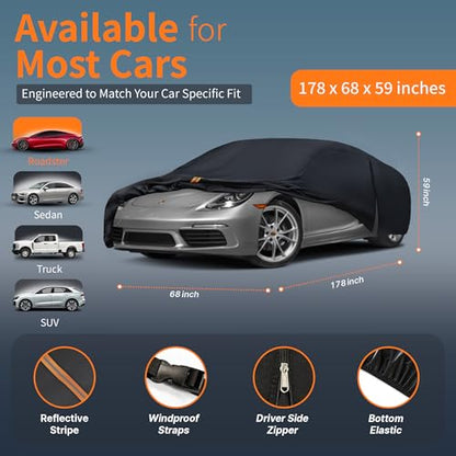 Waterproof Car Cover All-Weather, Heavy-Duty Outdoor Full Exterior Automobiles Snow Cover for Sedan/Coupe 166-178 inch with Sun Visor,Zippered & Storage Bag - Black - size: Fit Coupe Length 166-178 inch(3M-0)