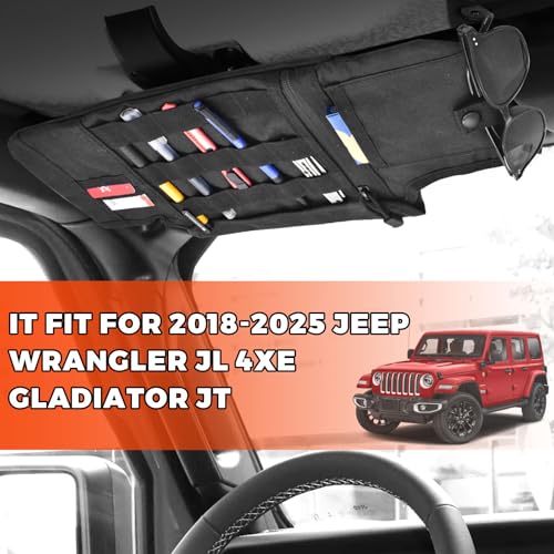 Sun Visor Organizer Compatible with Wrangler JL & JT 2018-2025, Driver's Side Front Tactical Visor Storage Molle Webbing Visor Storage, car Sunglasses Clip, Multi-Pocket