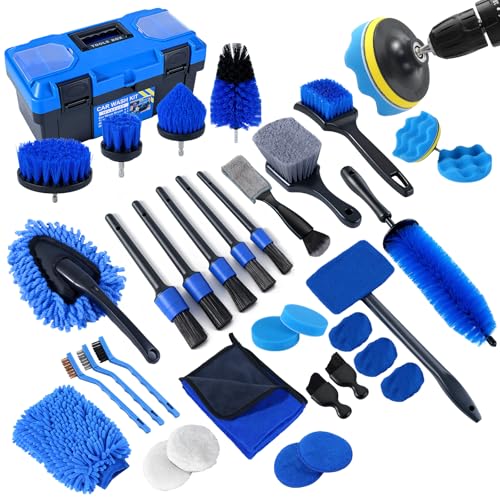 36Pcs Car Detailing Kit, Car Detailing Brush Set, Car Cleaning Kit, Auto Detailing Tools for Interior Exterior Wheels, Professional Car Wash Accessories with Windshield Cleaning Tool and Storage Box - color: Blue