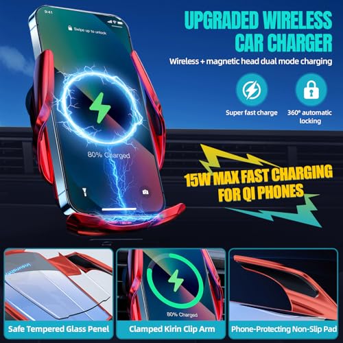 Wireless Car Charger, MAX 15W Fast Charging Auto Clamping, Sensing Phone Holder Mount, fit for iPhone 16 15 14 13 12 Pro Max Xs X, Samsung Galaxy S24 Ultra S23 S22 S21 S20 Note20 (4-Red) - color: 4-Red