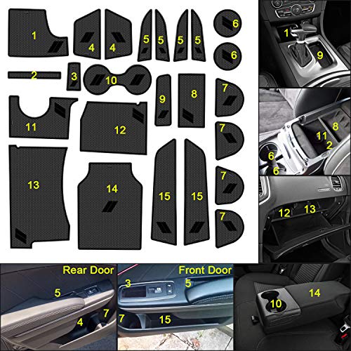 Fits Dodge Charger Accessories 2015-2023, Cup Holder Insert Center Console Shifter Liner Trim Interior Door Pocket Mats (24pcs Set, Black Trim) - color: Black