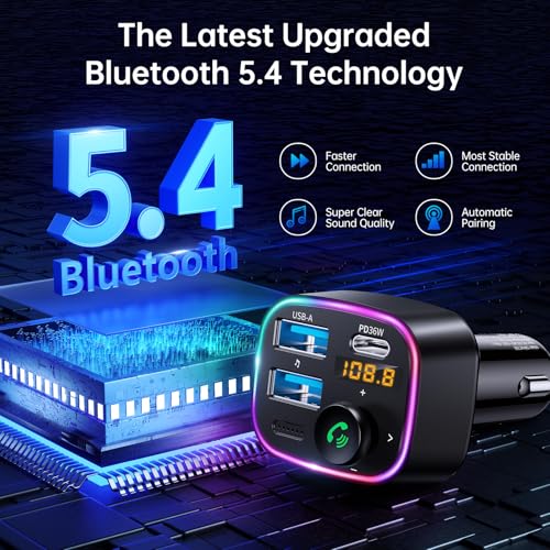 Syncwire Bluetooth 5.4 FM Transmitter Car Adapter 48W (PD 36W & 12W) [Light Switch] [HiFi Bass Sound] [Fast Charging] Wireless Radio Music Adapter LED Display Hands-Free Calling Support USB Drive - color: Black, style: 48W