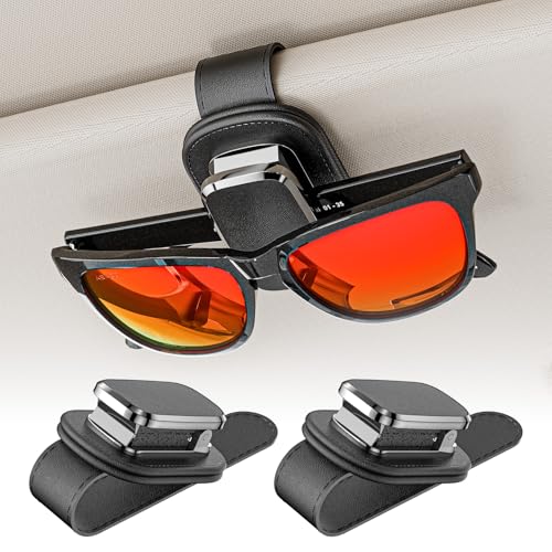 2-Pack Sunglass Holder for Car Visor, One-Handed Operation Leather Sunglasses Clip with Soft Padding, Auto-Clamping Eyeglasses Organizer for Sun Visor, Universal Car Accessories (Black) - color: Black (2-pack)