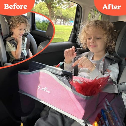 PILLANI Kids Travel Tray for Car Seat - Carseat Tray w/ iPad Holder & Dry Erase Board, Road Trip Activities - Toddler Lap Desk Organizer for Airplane - Roadtrip & Travel Essentials - Pack of 2, Pink - color: 2-pack Pink