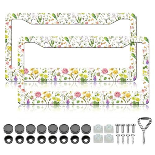 Flowers License Plate Frame - 2PCS Colorful Flower Floral Stainless Steel Metal License Plate Holder, Rust-Proof Waterproof Car Decorative Tag Frames - color: Colorful Flower