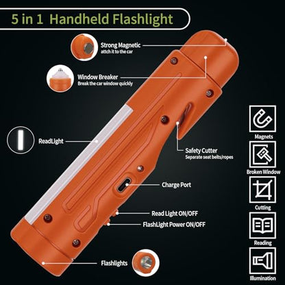 KnLnny Ware Automotive Escape Tool, Window Breaker,Seatbelt Cutter, Car Flashlight, 5 in1 Auto Tactical Gear, USB Charging, Magnetic Attraction, Emergency Kit Self Defense Accessories, Orange - color: Orange-1Pack