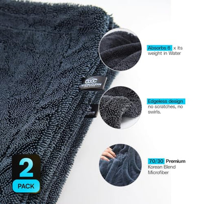 Crystal Clean 2-Pack 1300GSM Microfiber Towels for Cars – XL (24 x 36 inch) Car Drying Towel with Double Twisted Loop, Detailing Towels for Cars - Quick Dry, Paint Safe & Swirl-Free - color: 2 Pack Grey