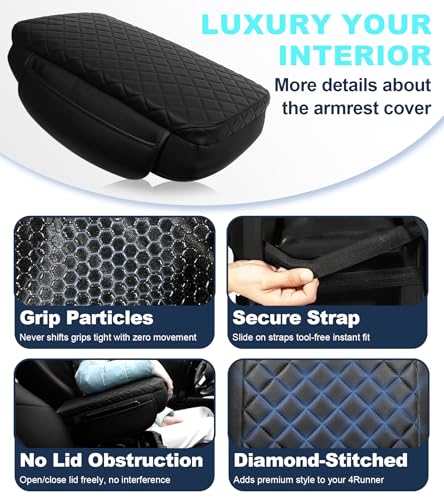 Armrest Cover for Toyota 4Runner Center Console Pad with Organizer Storage Pockets, Black Faux Leather Arm Rest Lid Protector Cushion Interior Accessories (2010-2024)