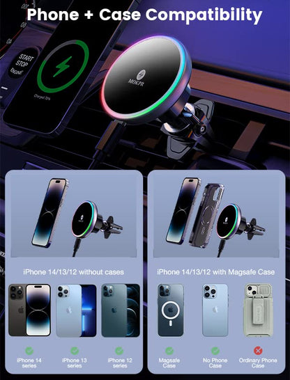 MOKPR for Magsafe Car Mount Charger-Wireless Car Charger-Magnetic Car Phone Holder for Dash Air Vent-LED RGB HandsFree Car Mount Fast Car Charger for iPhone 16 15/14/13/12 Series with QC 3.0 Adapter - color: Brigh Black