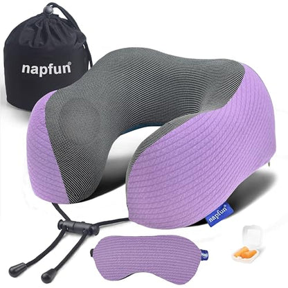 napfun Neck Pillow for Travel with Travel Pouch, Sleep Mask & Earplugs, Memory Foam Airplane Pillow for Headrest Sleep with Eyeshades, Plane Essentials with Eye Blindfold, Light Purple Striped Kit - color: Light Purple Striped Kit