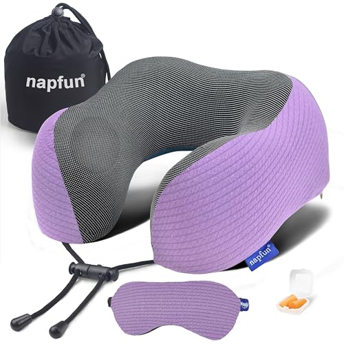 napfun Neck Pillow for Travel with Travel Pouch, Sleep Mask & Earplugs, Memory Foam Airplane Pillow for Headrest Sleep with Eyeshades, Plane Essentials with Eye Blindfold, Light Purple Striped Kit - color: Light Purple Striped Kit