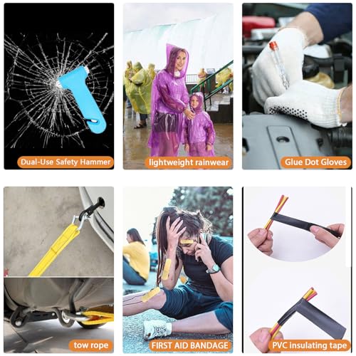 LIANXIN Car Emergency Roadside Tool Kit, Auto Emergency Kits Vehicles, with Jumper Cables kit，Car Safety Roadside Assistance Kit,Headlamp,Tow Straps,Safety Hammers,Rainwear,Gloves.Sky Blue - color: Sky Blue