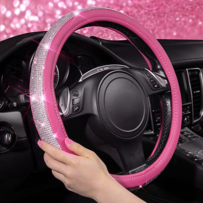 CAR PASS Diamond Pink Leather Steering Wheel Cover, with Bling Crystal Rhinestones Universal Fit 14" 1/2-15" Crystal Glitter for Women Sparkle Girl Fit Suvs,Vans,Sedans,Cars,Trucks, Pink Diamond - color: Pink Leather Diamond