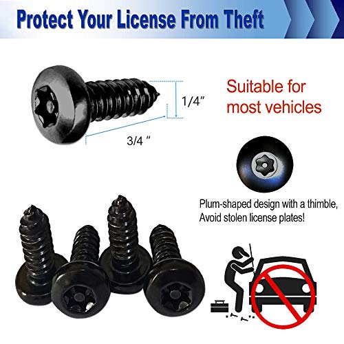AOOTF Black Anti Theft License Plate Screws - Stainless Steel Mounting Hardware Kit for Front/Rear, M6 Security Screws, Caps, Plug-in Fasteners, Rattle Proof Pads - color: Self Tapping Screws-Black